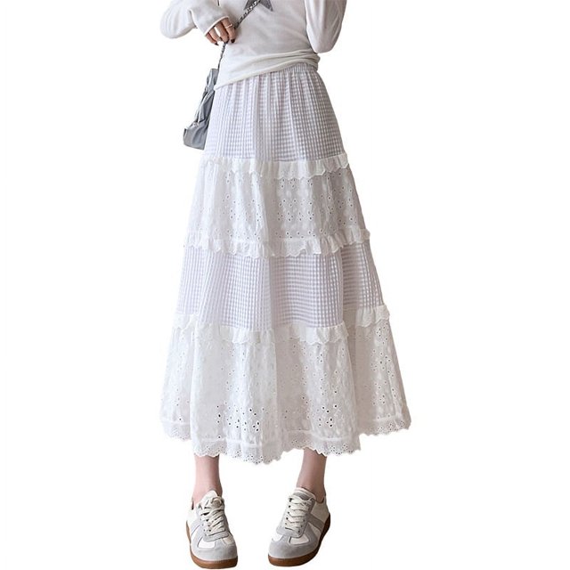 White Hollow Long Cake Skirt Women Spring High Waist Lace Patchwork Ruffles A Line Midi Skirts Sweet Ballet Clothes