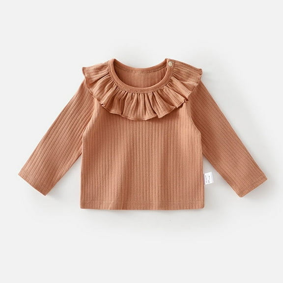 Baby Tshirts for Girls with Ruffles Brown Long Sleeve Tee Shirts Kids Crewneck Basic Tees Fall Clothes Girls Shirts Size 4-6 Months