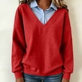 thumbnail image 4 of Floleo Women's Twofer Collar Sweatshirt V Neck Long Sleeve Pullover with Faux Shirt Detail Relaxed Fit Casual Layered Look Top for Fall Winter Daily Wear, 4 of 7
