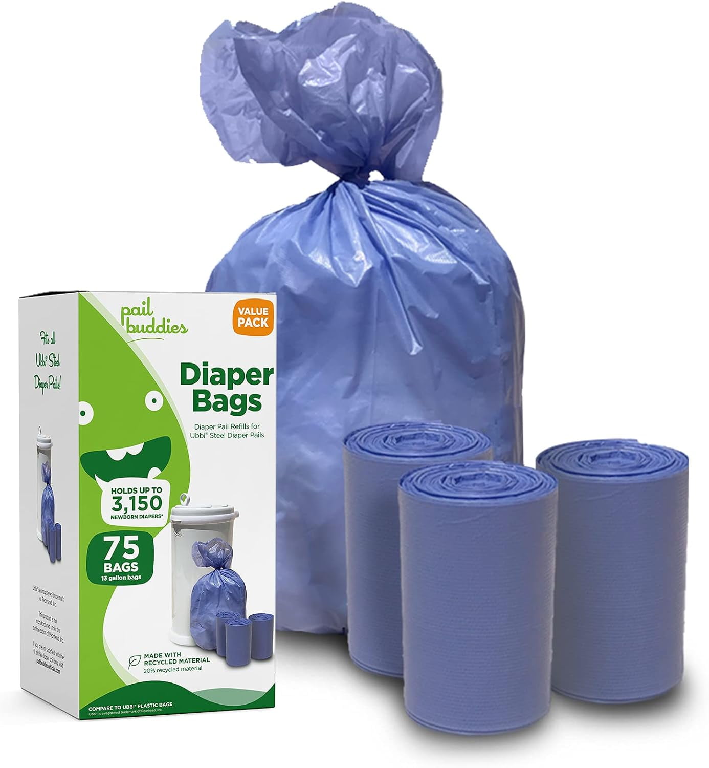 Pail Buddies Diaper Bags, 75 Count, Fresh Powder Scent, Compatible with Ubbi Diaper Pail, Made with Recycled Material, 13 Gallon Capacity, Strong and Durable
