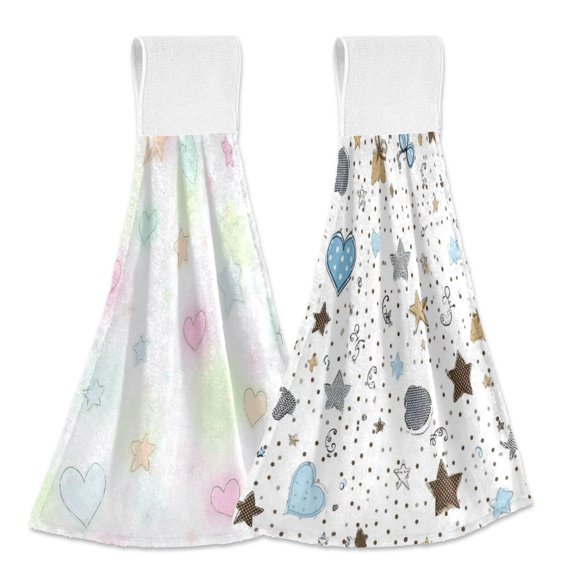 IAUYY Kitchen Hanging Towels Set of 2 100% Polyester Absorbent, Super Soft Hand Towels with Hanging Loops for Bathroom Kitchen The Lines Are Lively The Grey Stars