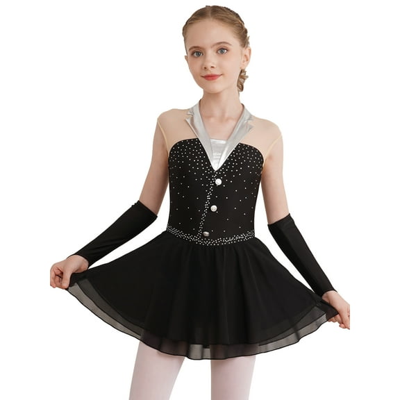 Miutii Kids Girls Figure Ice Skating Dress Ballet Dance Gymnastics Leotards Dresses with Gloves for Competition Costume Black 6