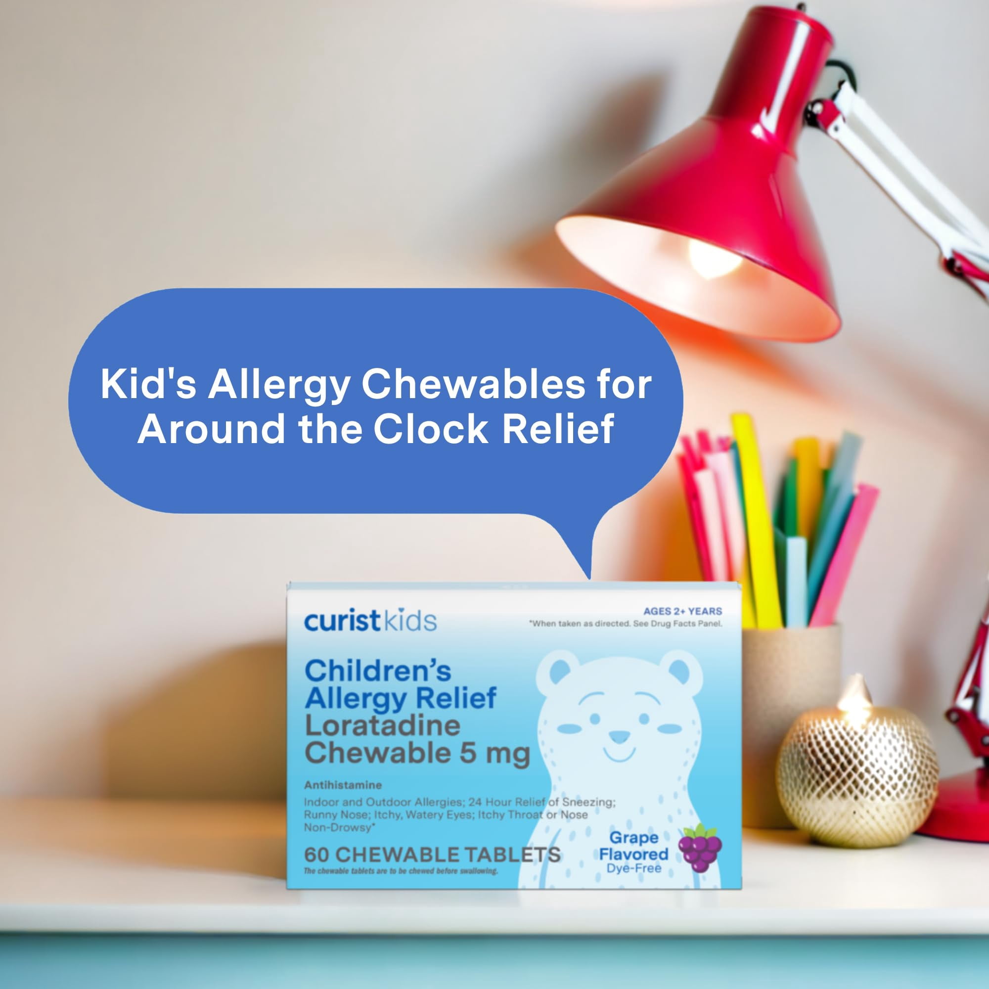 Curist Children's Allergy Medicine Chewable (Loratadine 5mg), 24 Hour Allergy Relief for Sneezing, Runny Nose, Itchy Eyes & Throat, Kids Allergy Chewable Tablets, 120 Count Grape Flavor, Pack of 2