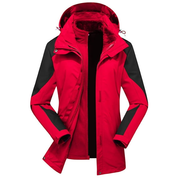 Winter Warm Coats for Women, Ladies Detachable Cap Waterproof and Windproof Jacket, Outdoor Sports Womens Jacket Red L
