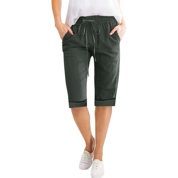 Charmgo Women Shorts, Women's Loose Solid Color Drawstring Shorts Straight Leg Casual Rolled Shorts with Pocket Bermuda Shorts for Women, Capri Pants for Women Army Green L