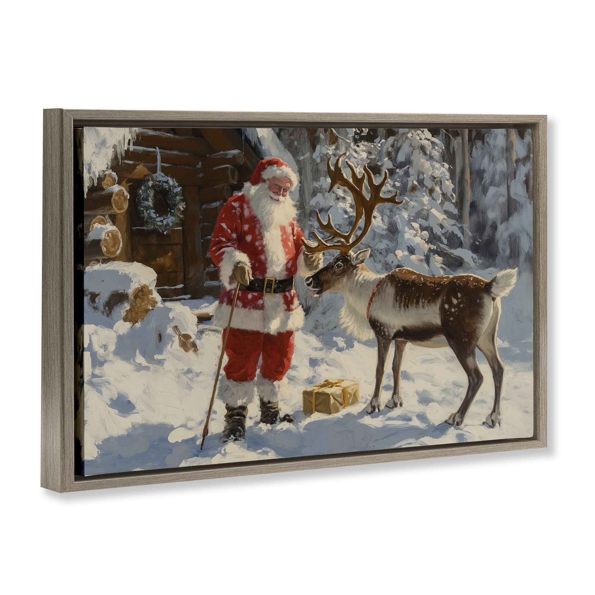 Stupell Industries Santa with Reindeer Scene Holiday Painting Brown Floater Framed Canvas Art Prints Wall Art, 25 x 17