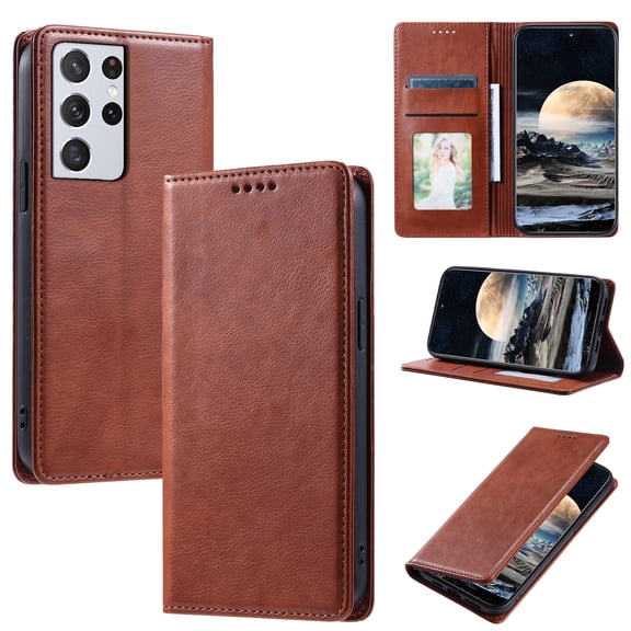 Mantto Flip Wallet Case for Samsung Galaxy S21 Ultra, for Women Men, Magnetic Closure Folio Cover with Credit Card Holder Slots, Shockproof Durable PU Leather Kickstand Phone Case,Brown