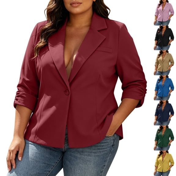 Sheghy Plus Size Ruffle Pleated Blazer Lapel Button 3/4 Sleeve Solid Office Suit Jacket Crop Pink L