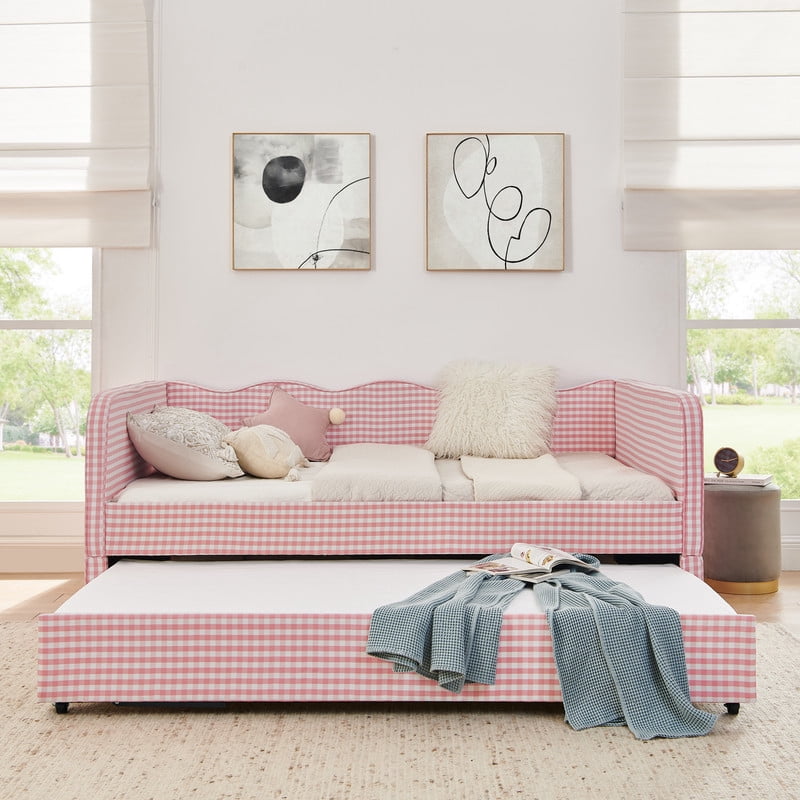 Full Size Daybed with Pop Up Trundle, Gingham Twin to King Daybed with Side Storage Pockets, Upholstered Sofa Bed Frame for Living Room Bedroom, No Box Spring Needed