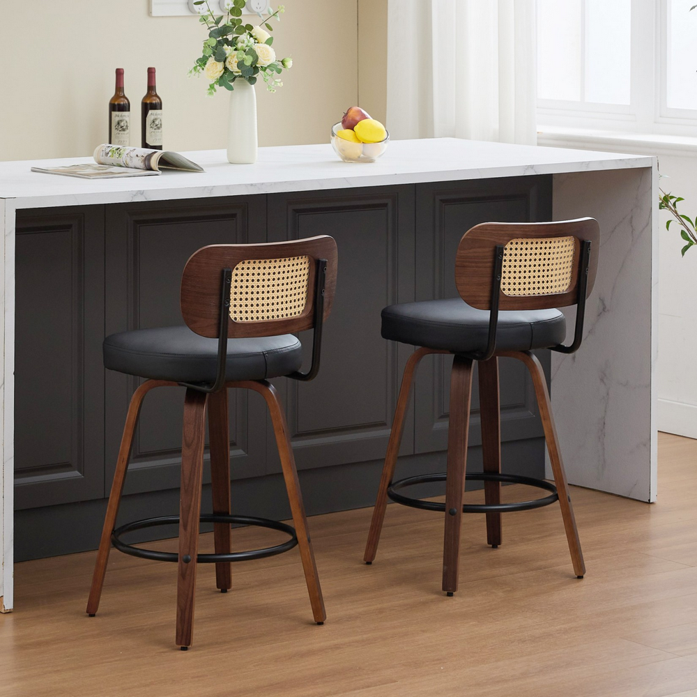 thumbnail image 6 of Bocarali 26 in. Swivel Counter Height Bar Stools Set of 4, Faux Leather Upholstered Bar Chairs with Rattan Back, Mid-Century Modern Counter Stools with Walnut Bentwood Leg for Kitchen Island, Black, 6 of 6