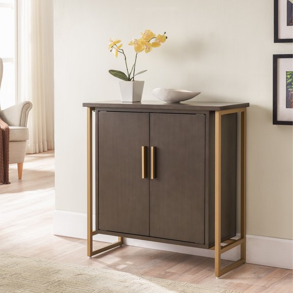 Leick Home Talia Mixed Metal and Wood Foyer Cabinet with Adjustable Shelf for Entryway Brown Goldtone Finish