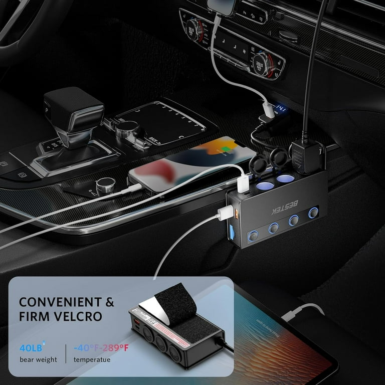 best cigarette lighter splitter Bestek 180w Cigarette Lighter Splitter, 3 Socket Car Cigarette Lighter Adapter with Pd36w/65w and Qc3.0 18w*4 Fast USB Charging Ports, LED Voltage