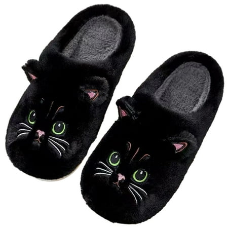 Women Men Couples Slippers Cozy Cute Cat Slippers Warm Plush Home Slippers for Winter Indoor and Outdoor Black 36-37