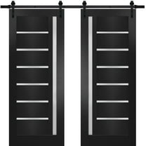 Sturdy Double Barn Door with | Quadro 4088 Matte Black with Frosted Glass | 13FT Rail Hangers Heavy Set | Solid Panel Interior Doors