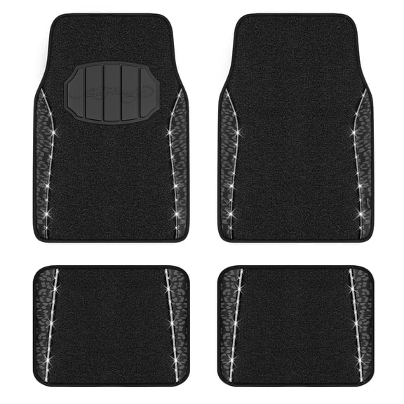 Ed Hardy Car Floor Mats Set with Rhinestone Accent Strips, Luxury Leopard Print Car Floor Mats,Universal Fit, Heavy-Duty Carpet Auto Floor Mats for Cars, SUVs, Trucks, Black 4-Piece Set