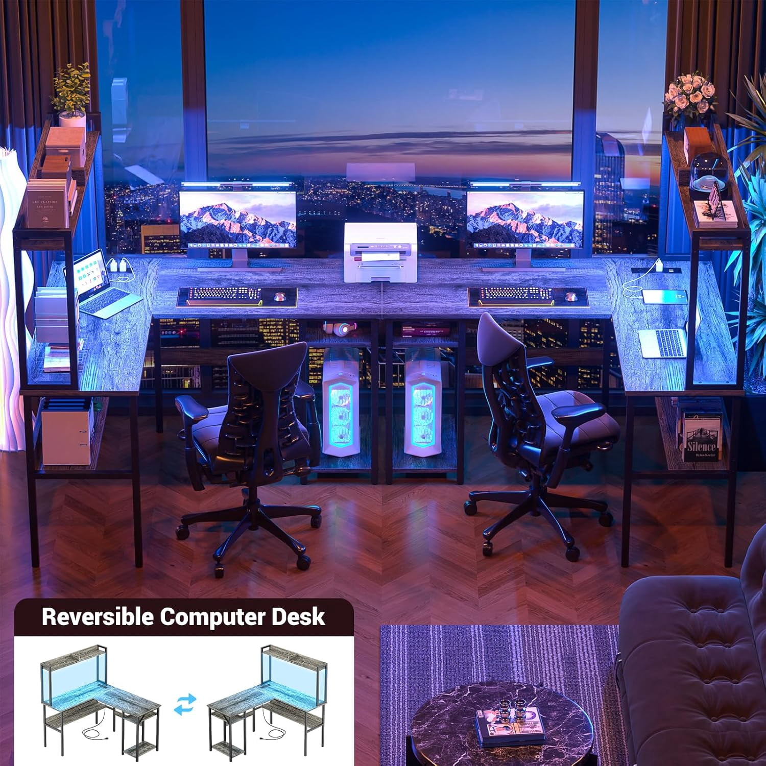 Homieasy L Shaped Gaming Desk with LED Strip and Power Outlets, Reversible L-Shaped Computer Desk with Storage Shelves, Corner Desk with Hutch, 2 Person Home Office Desk, Black Oak