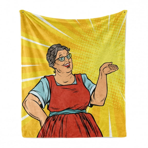 Granny Soft Flannel Fleece Throw Blanket, Cartoon Style Vibrant Grandma Character with a Sunburst Effect, Cozy Plush for Indoor and Outdoor Use, 70" x 90", Mustard Earth Yellow, by Ambesonne