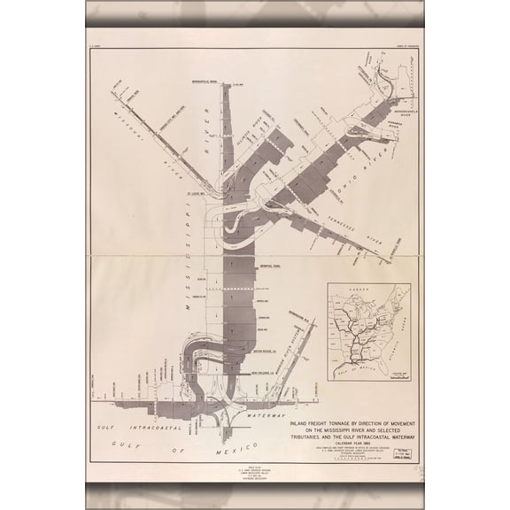 24"x36" Gallery Poster, map of freight tonnage on Mississippi River 1960