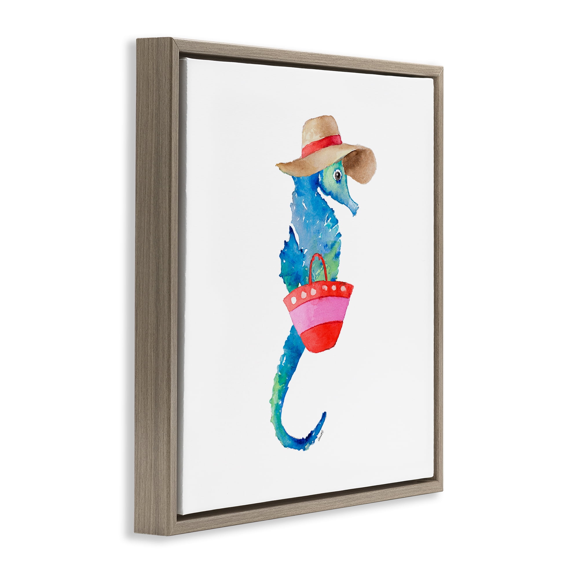 Stupell Industries Seahorse in Beach Hat Novelty Painting Brown Floater Framed Canvas Art Print Wall Art, 25 x 25