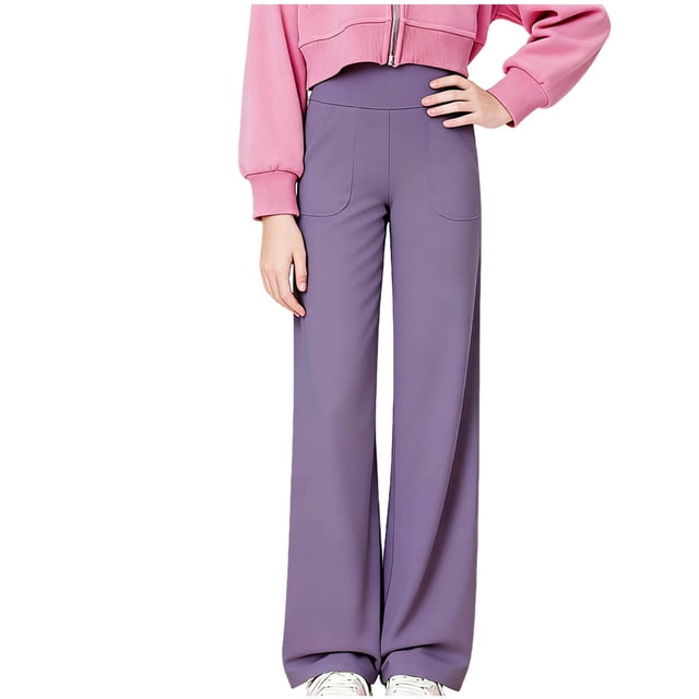 Pantalones largos para niñas, pantalones de pierna ancha, pantalones de yoga para ejercicio de pierna recta para niñas, pantalones de bolsillo de cintura alta, pantalones de poliéster para niñas