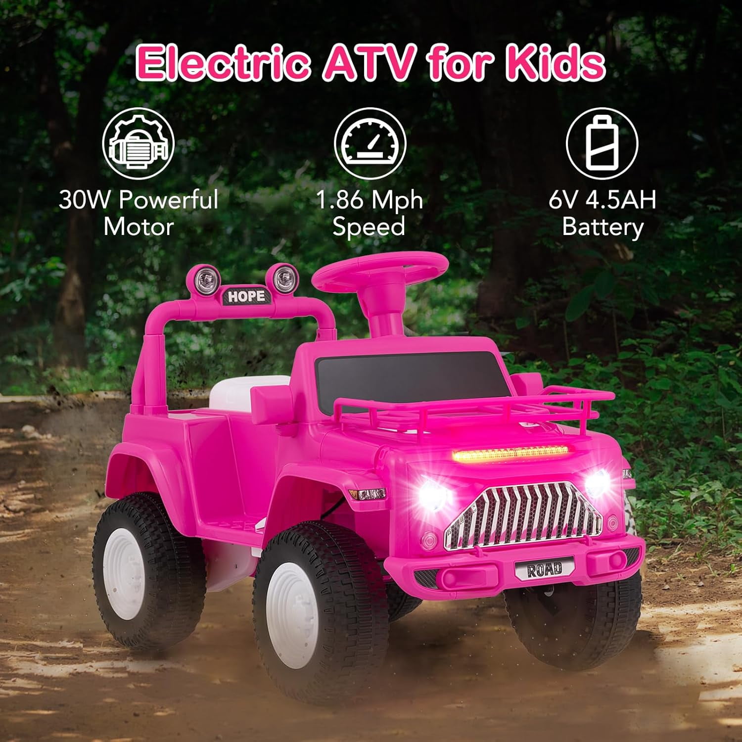 OLAKIDS Kids Ride on Car, 6V Battery Powered Electric Vehicle ATV for Toddlers with Foot Pedal, Music, Horn, Radio, Rear Storage, LED Lights, USB, 4 Wheels Toys for Boys Girls Aged 3-8 Years