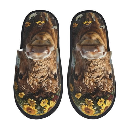 Balery Cute Cow Sunflower Crown A Slient Indoor Furry Fleece Comfort House Shoes Soft Non-Slip Home Shoes Cotton slippers House Slippers-- Large