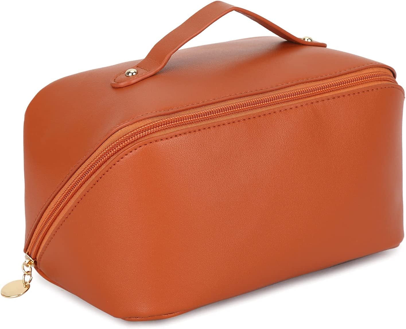 Home Times Large Capacity Travel Cosmetic Bag, Leather Makeup Bag With Handle and Divider