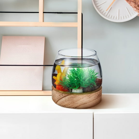 UPKOCH Goldfish Bowl Ornament Vase Fish Bowl Tank Glass Bowl Glass Wood Transparent 10.00X9.50X7.50CM