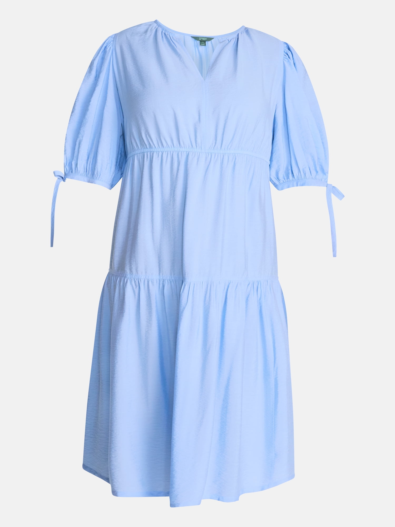 Terra & Sky Women’s Plus Tiered Midi Dress with Short Puff Tie Sleeves, Sizes 0X-5X