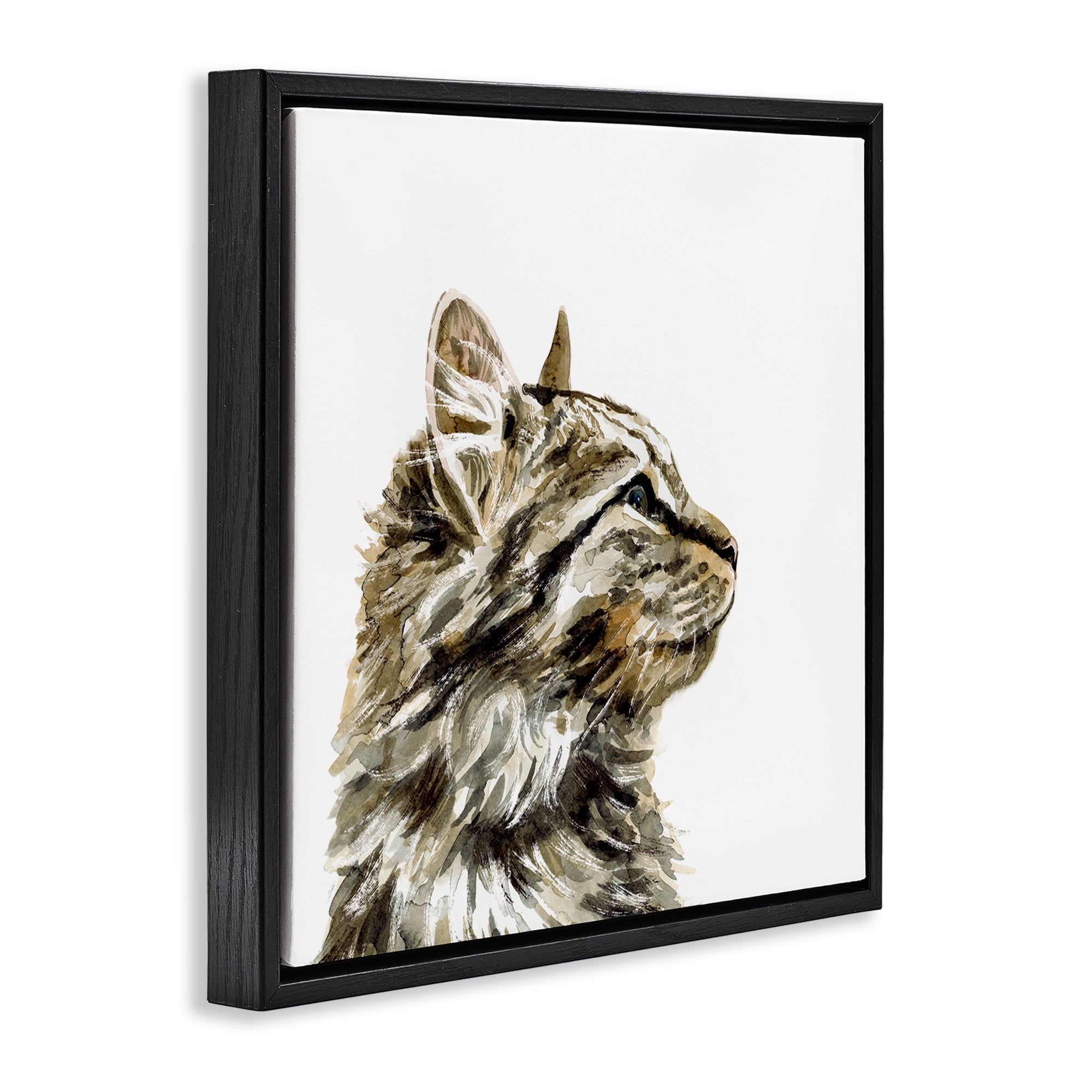 Stupell Industries Simple Tabby Cat Gaze Animals & Insects Painting Black Floater Framed Canvas Art Print Wall Art, 18 x 18