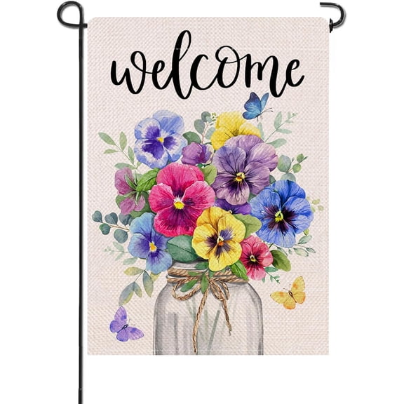 Welcome Spring Summer Pansy Flower Small Decorative Garden Flag, Floral Mason Jar Eucalyptus Leaves Yard Lawn Outside Decor, Butterfly Burlap Outdoor Home Decoration Double Sided 12 x 18