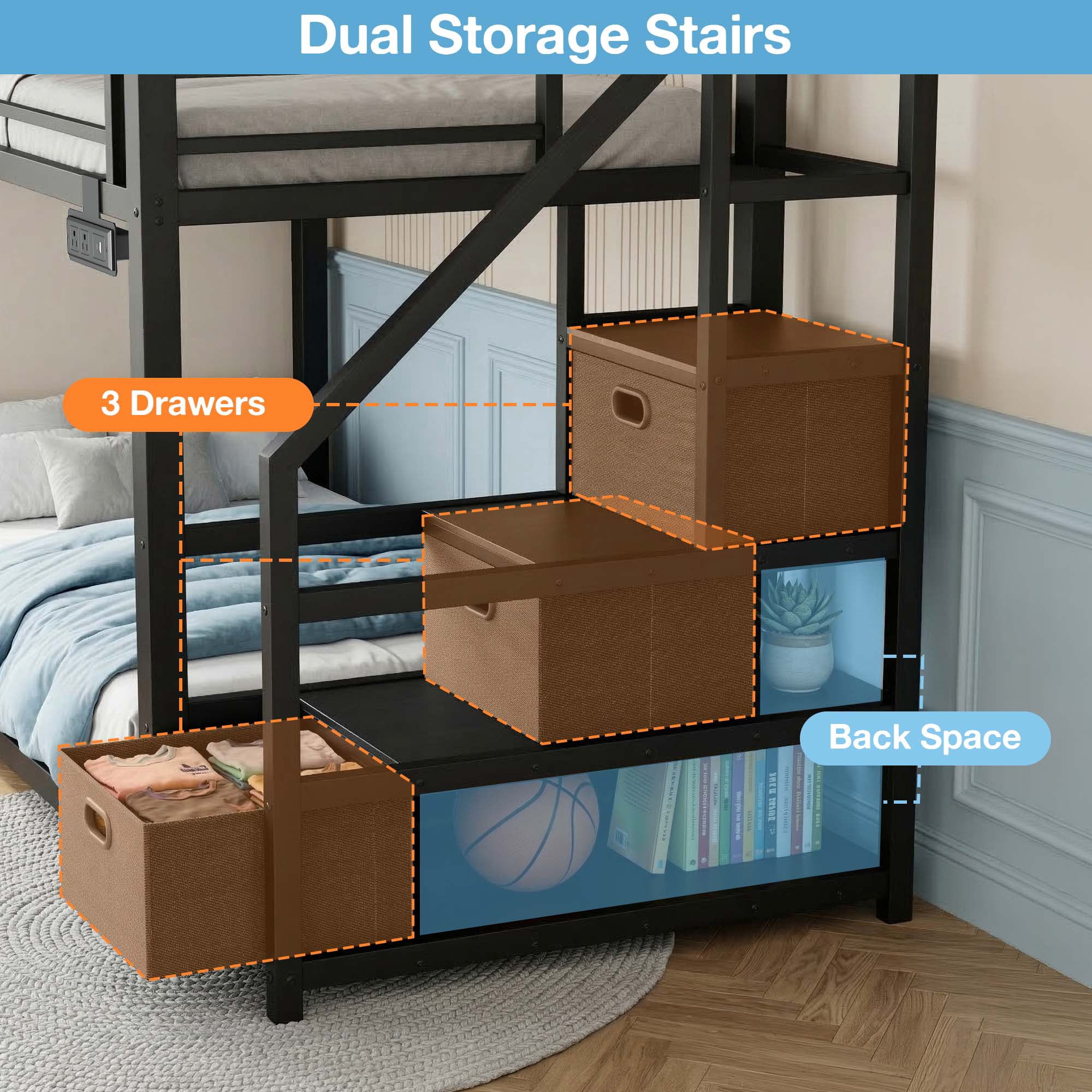 Twin Over Twin Bunk Bed with Storage Stairs, Movable Charging Station and LED Lights, Black