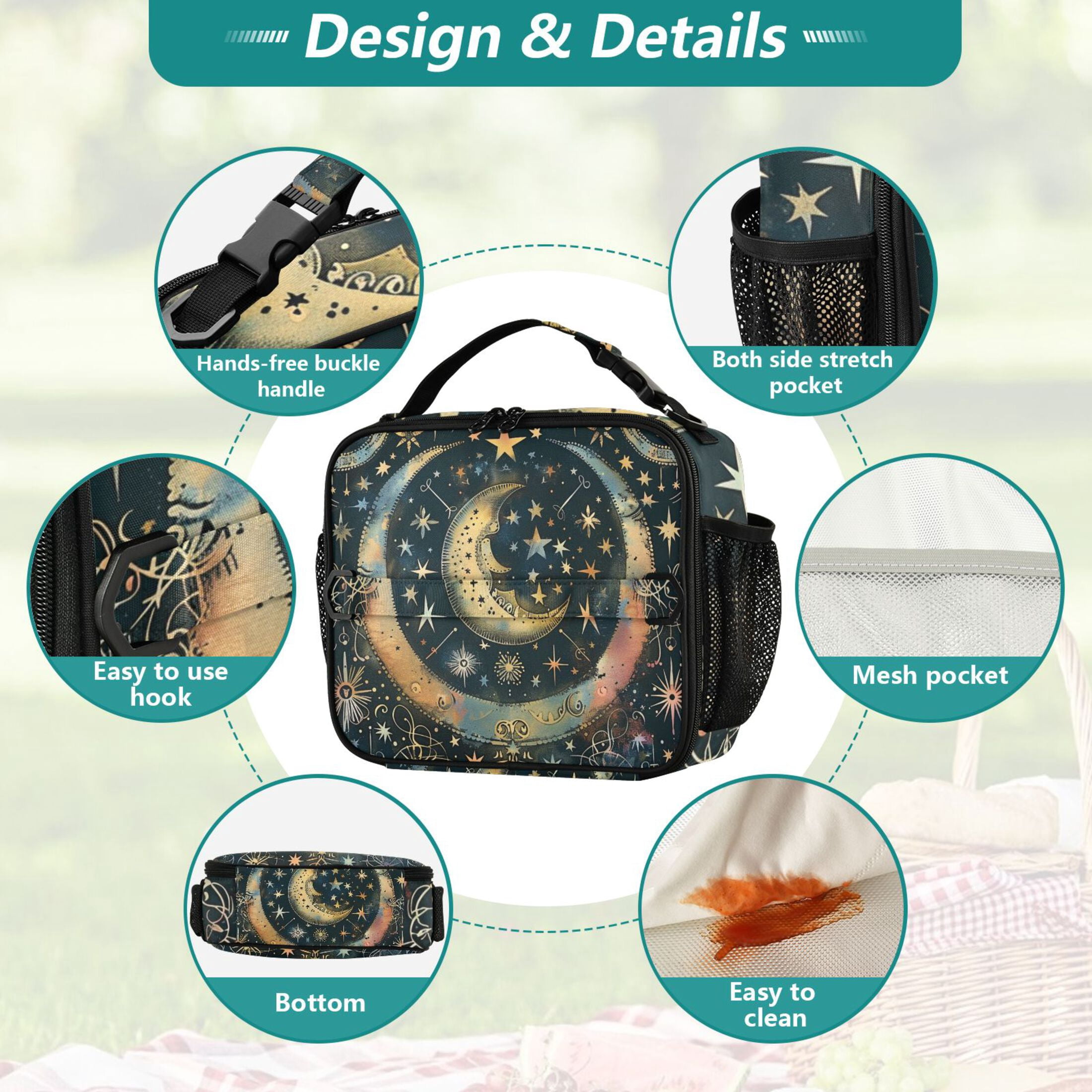 ALAZA Bohemia Ethnic Moon and Star Lunch Box Insulated Lunch Bag Cooler Tote with Shoulder Strap
