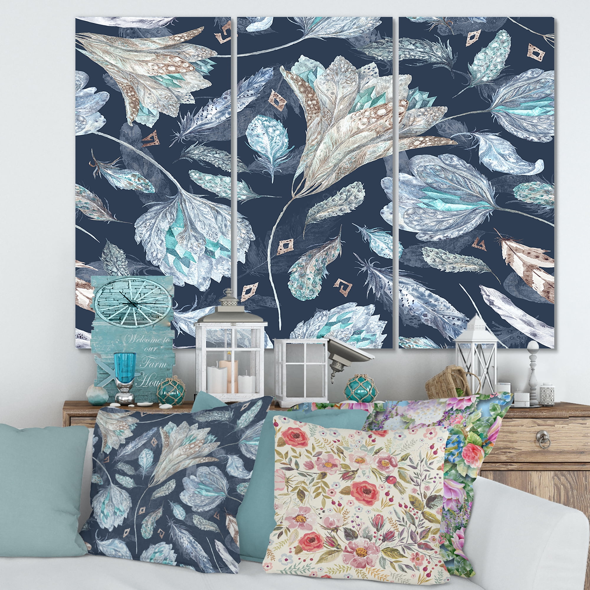 Designart ' Navy Blue Botanical Pattern With Feathers ' Traditional Canvas Wall Art Print