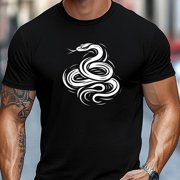 Men's White Swirling Snake Print Summer T-Shirt - Casual Short Sleeve Round Neck Bold Snake Graphic Tee with Yellow & Black Snake Design, Lightweight Breathable Fabric for Gym, Casual Attire &