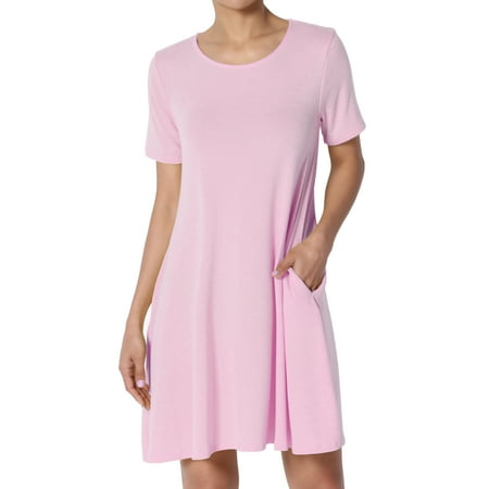 Pink Verona Sleeve - TheMogan Women's PLUS Short Sleeve Round Neck Pocket Flared A-Line Long Tunic Top