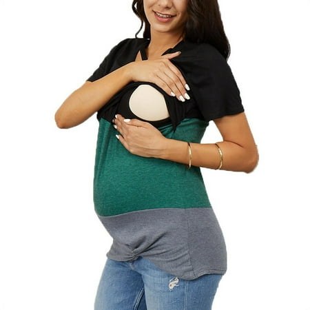 

UMfun Layered Nursing Top Women s Maternity Pocket Nursing Solid Color Stitching Top