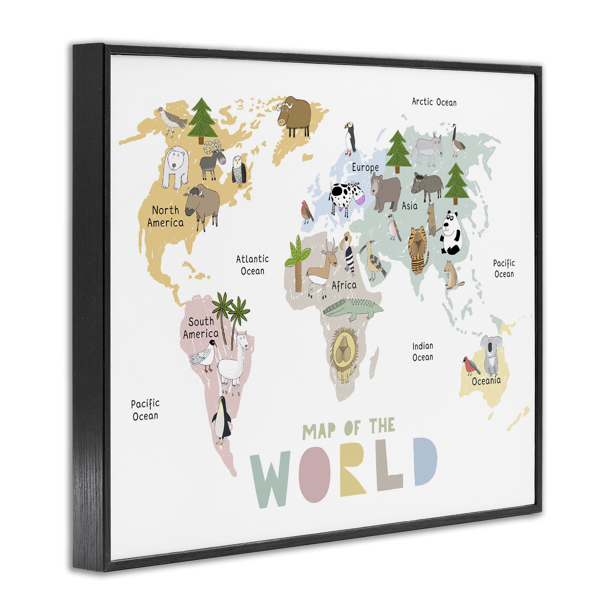 Map Of World Pastel Animals Black Framed Giclee Art, design by Carla Daly