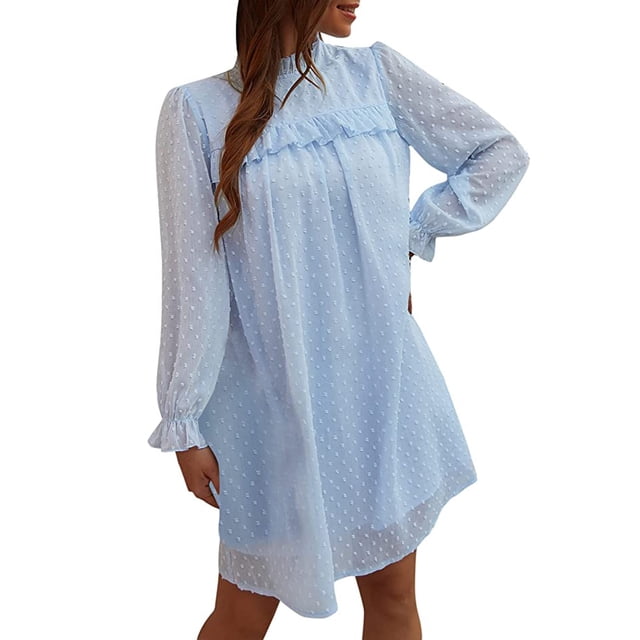Moda mujer casual o-cuello sólido vestido pétalo manga larga mini vestido Fridja NMB1896