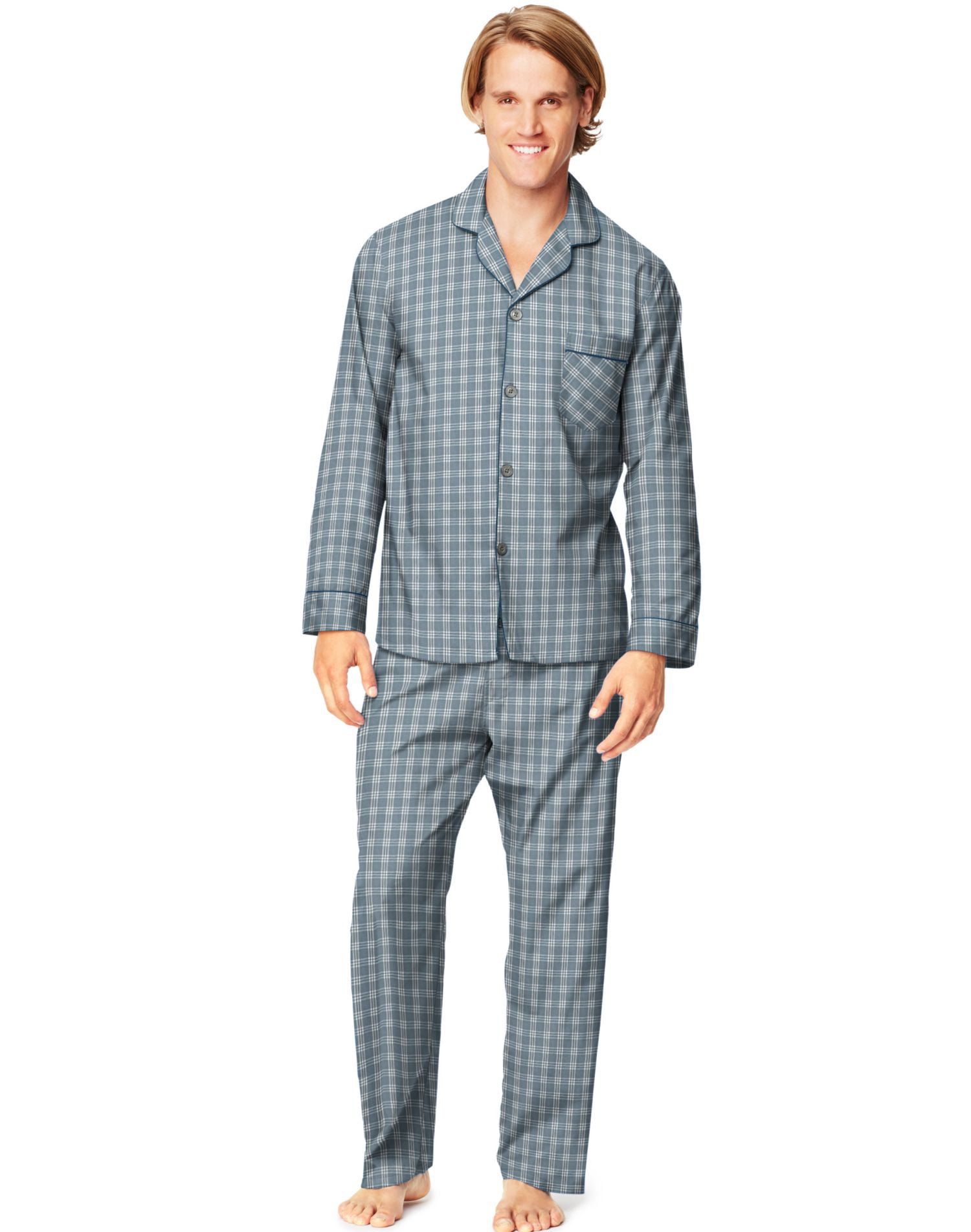 Hanes Mens Gray Plaid Woven Cotton Blend Pajamas 
