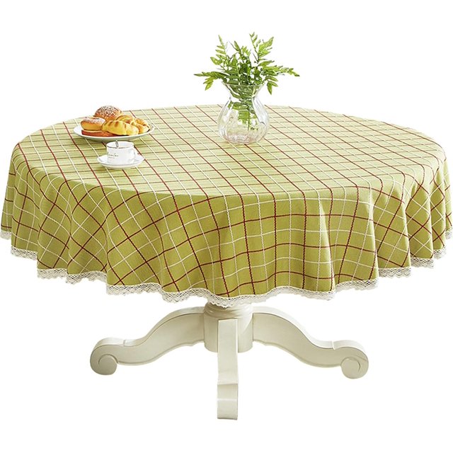 Heavy Weight Cotton Linen Tablecloth Lace Plaid Round Table Cloth for Kitchen Dining Room Tabletop Decoration, 48" - Round, Green