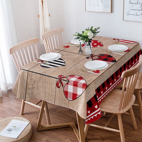 Valentine's, Tablecloth Rectangle Table Cloth 52x70 , Waterproof Tablecloth Outdoor Table Cloth, Farmhouse Love Heart Boho Brown Checkered Washable Table Cover for Kitchen Dining Party