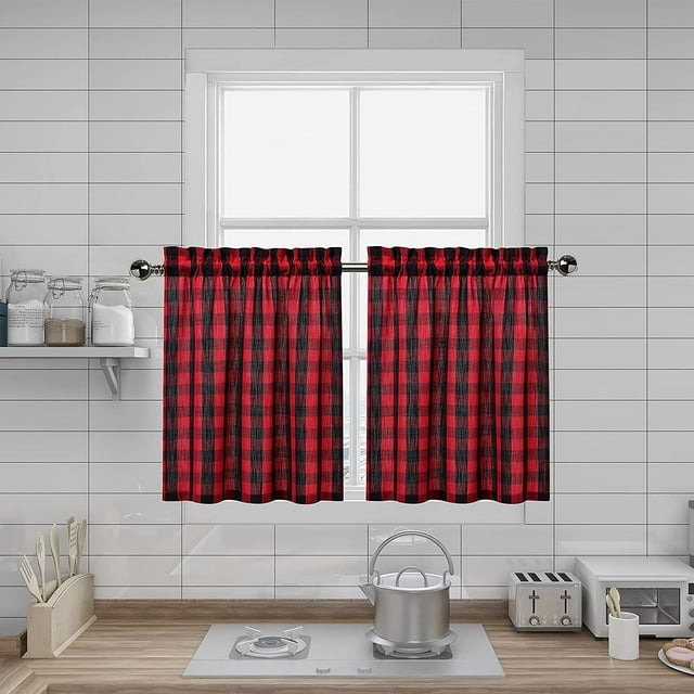 Cortinas de nivel de cuadros vichy de búfalo negro y rojo de 24 pulgadas de largo Fason WMSS-295