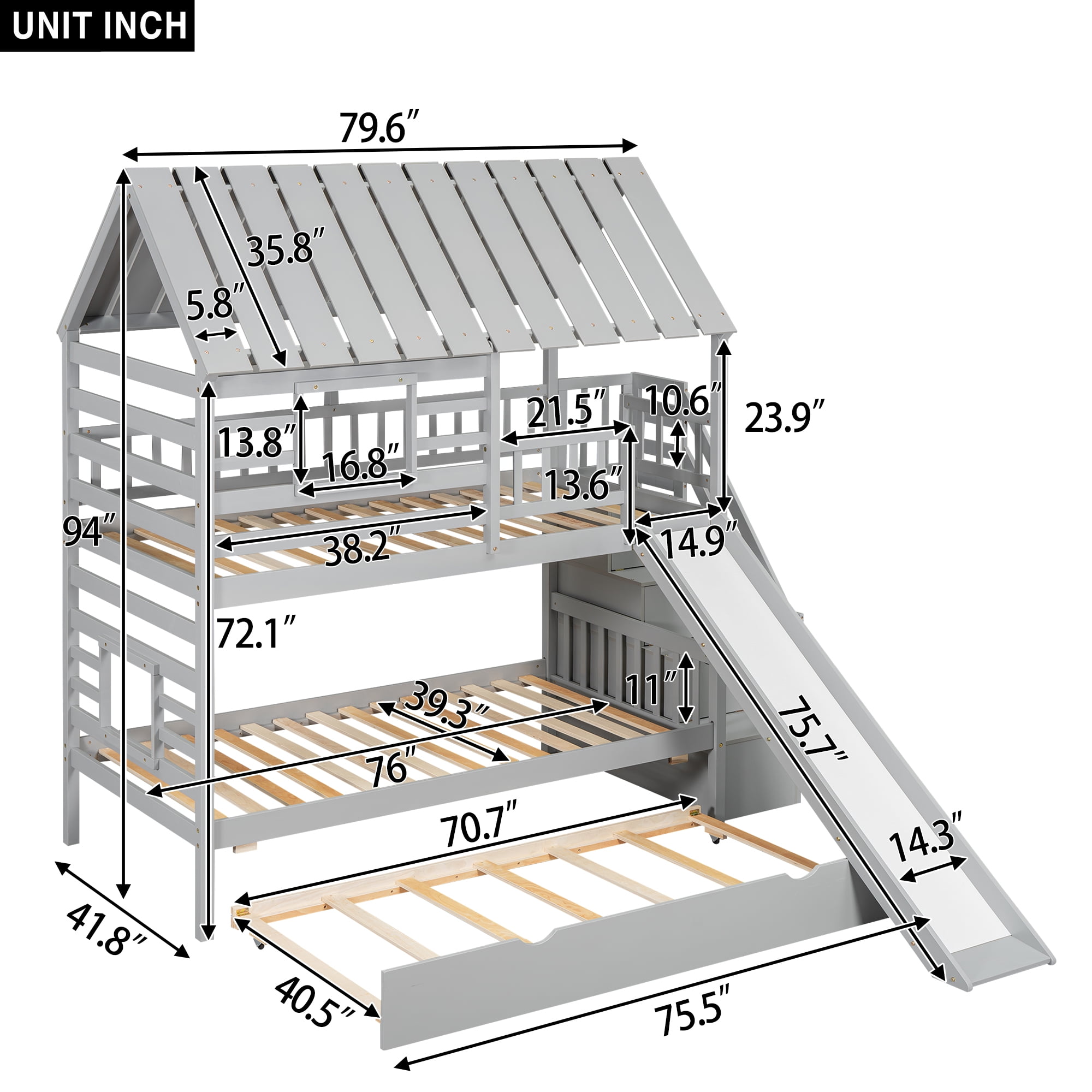 EUROCO Twin over Twin House Bunk Bed with Trundle and Staircase