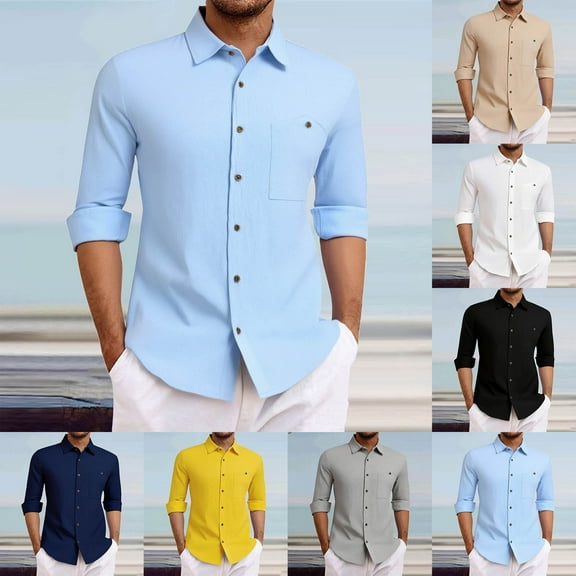 FRSASU Men's Linen Shirts Casual Button Down Long Sleeve Shirt Solid Lapel Collar Summer Beach Shirts with Pocket Yellow
