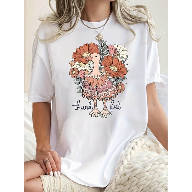 Women's Casual Crew Neck T-Shirt with Floral Turkey Print, Polyester 95% Spandex 5% Knit Fabric, Medium Stretch, All Season Fashion Top