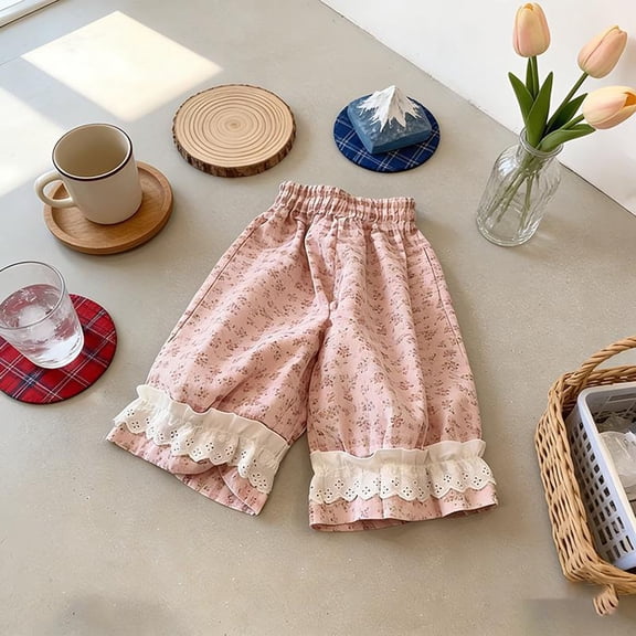Avtoify Girls Pants Children's Small Print Loose Casual Versatile Wide Leg Cropped Pants Kids