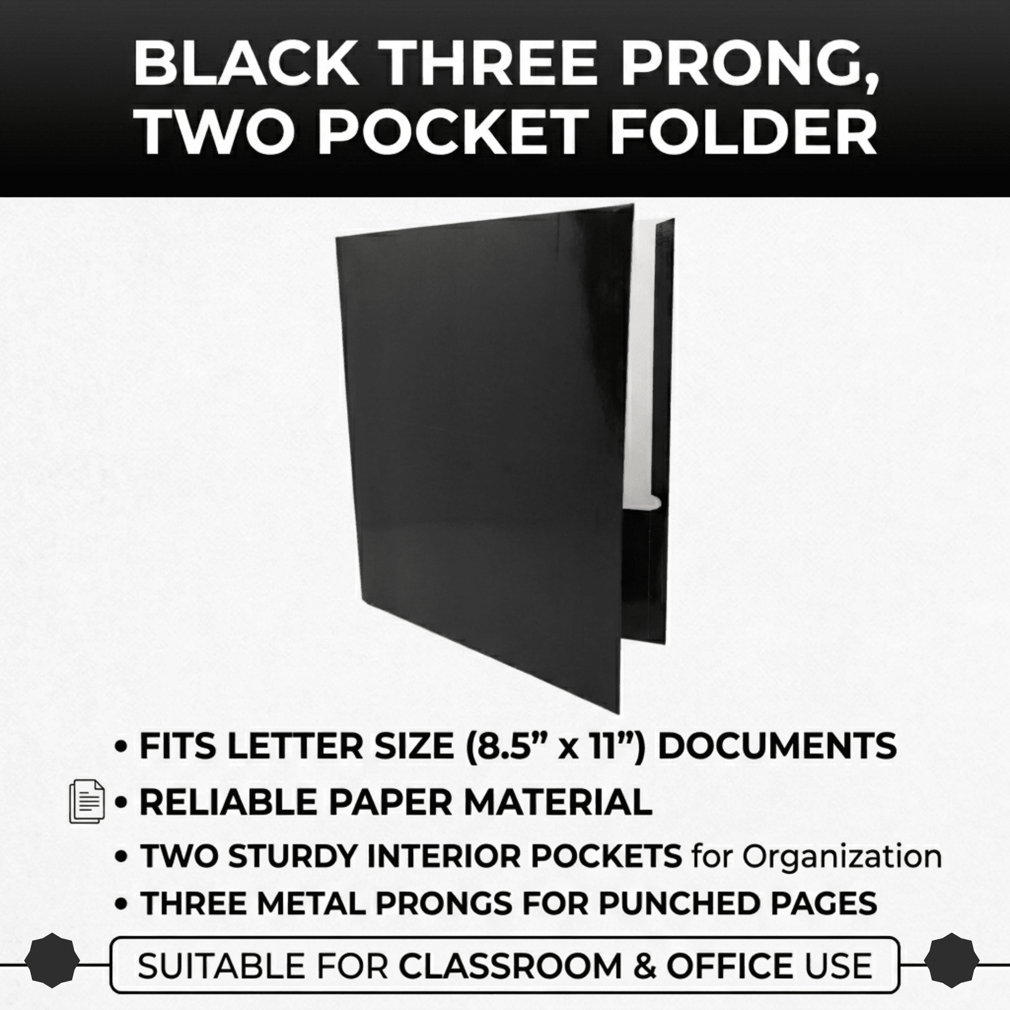 School Supply Boxes | (Black) Three Prong, Two Pocket Folders | 10 Pack | Letter Size Folders for the Classroom & Office
