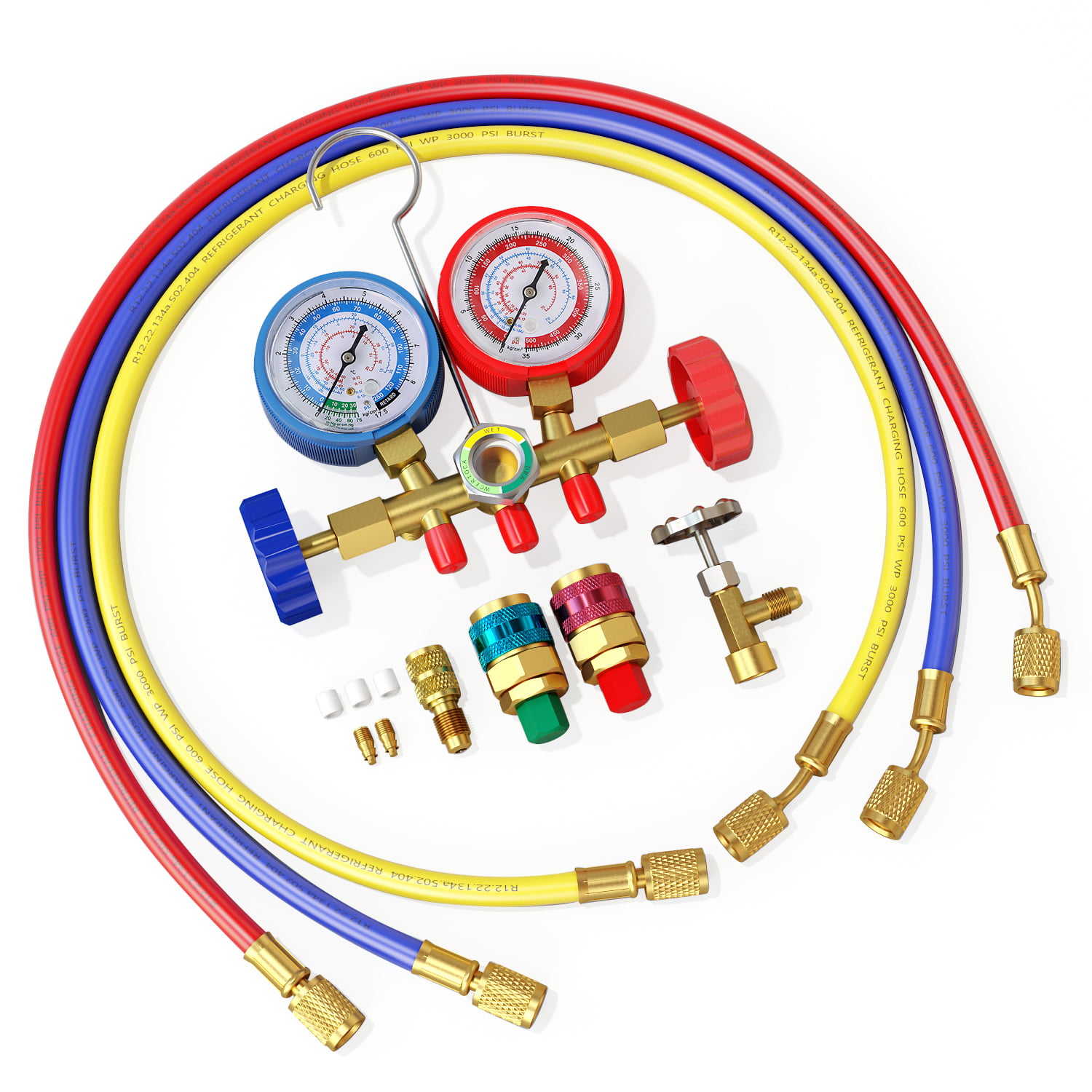 2 Way AC Diagnostic Manifold Gauge Set Precision Measure Pressure in Refrigeration Equipment for R134a r134 R410A R404A R22 w/Hoses Coupler Adapters Multicolor, 1X Refrigerant Meter Tool kit 
