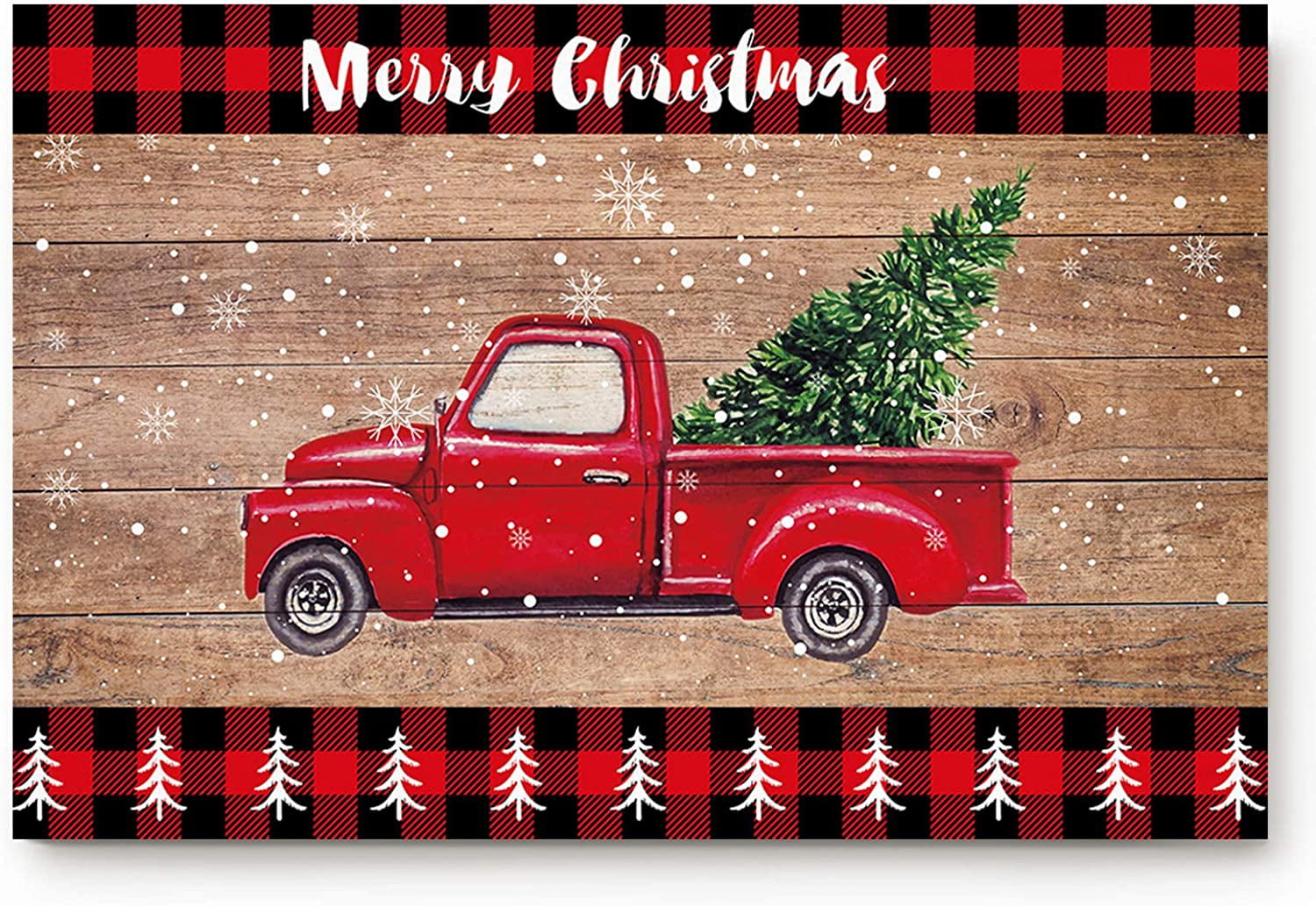 Christmas Door Mat 23."6x15.7 Welcome Mat Front Floor Mats, Non Slip Indoor Carpet/Absorbent Outdoor Shoes Scraper, Christmas Truck and Xmas Trees on Wooden Plank Red Plaid Rugs Doormat for Entryway